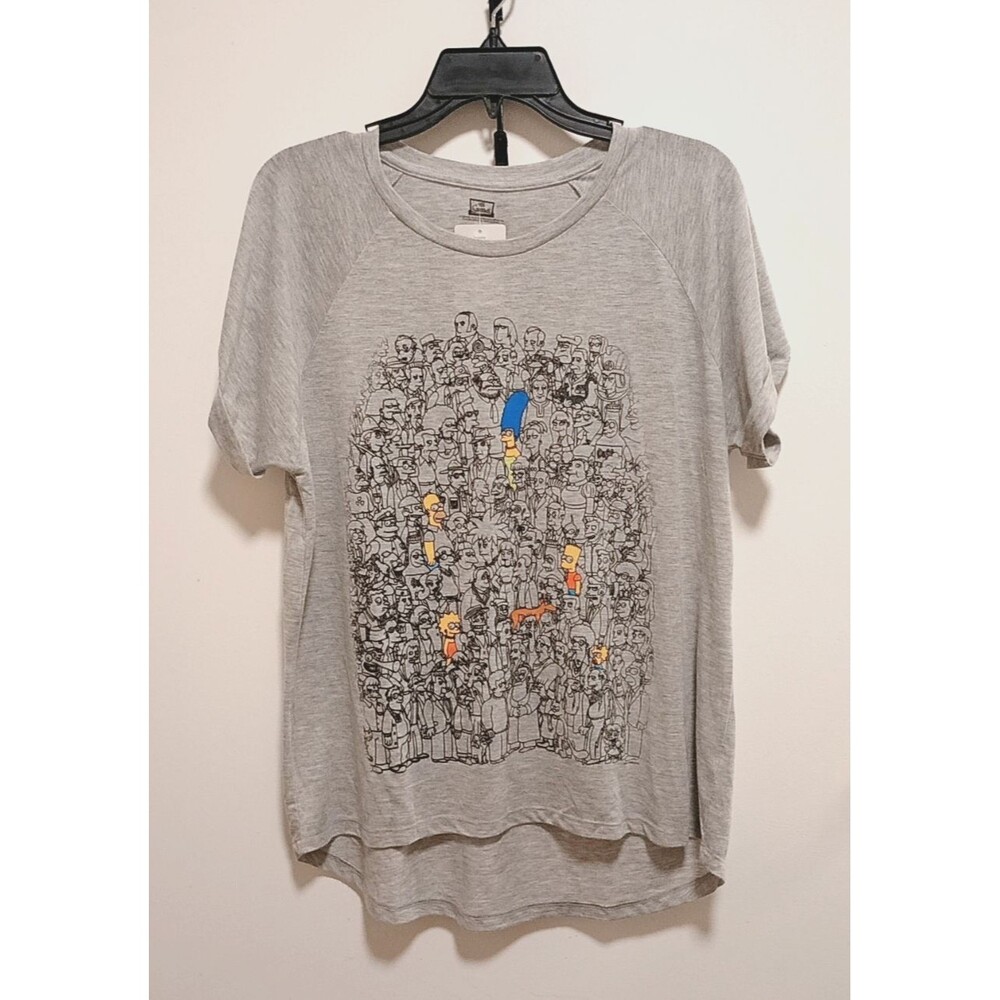 The Simpsons Women's XL T-Shirt Grey Springfield Crowd Graphic High Low Hem Rare
